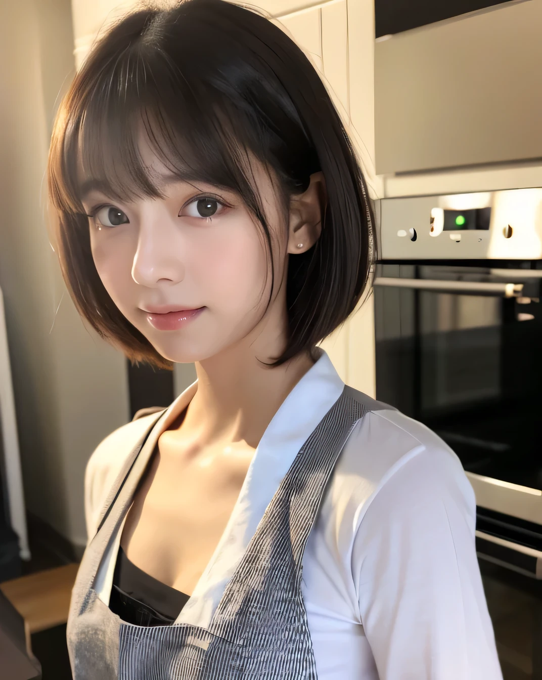 masterpiece、1. Cute girl、(Apron appearance、kitchen:1.3)、Detailed Eyes、Puffy eyes、highest quality, 超High resolution, (reality: 1.4), Cinema lighting、Asian Beauty、Japanese、Super beautiful、Beautiful Skin、thin、Healthy Beauty、(Thigh height:1.2)、Body facing forward、(Ultra-realistic)、(High resolution)、(8k)、(Very detailed)、(beautiful Detailed Eyes)、(Very detailed)、 Detailed face、Bright lighting、Professional Lighting、Watching the audience、Look straight ahead、Oblique bangs、Short Bob、18-year-old、(big ,Cleavage)