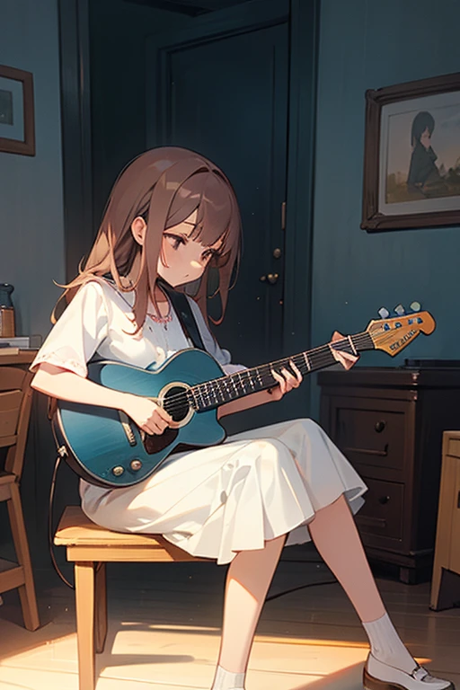 On a rainy day, a girl sits in her room, strumming her guitar. The melody carries a sense of sadness and anger