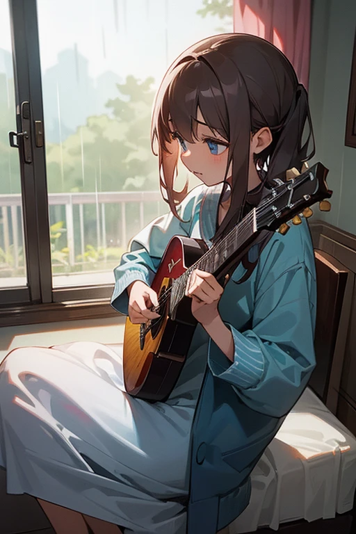 On a rainy day, a girl sits in her room, strumming her guitar. The melody carries a sense of sadness and anger