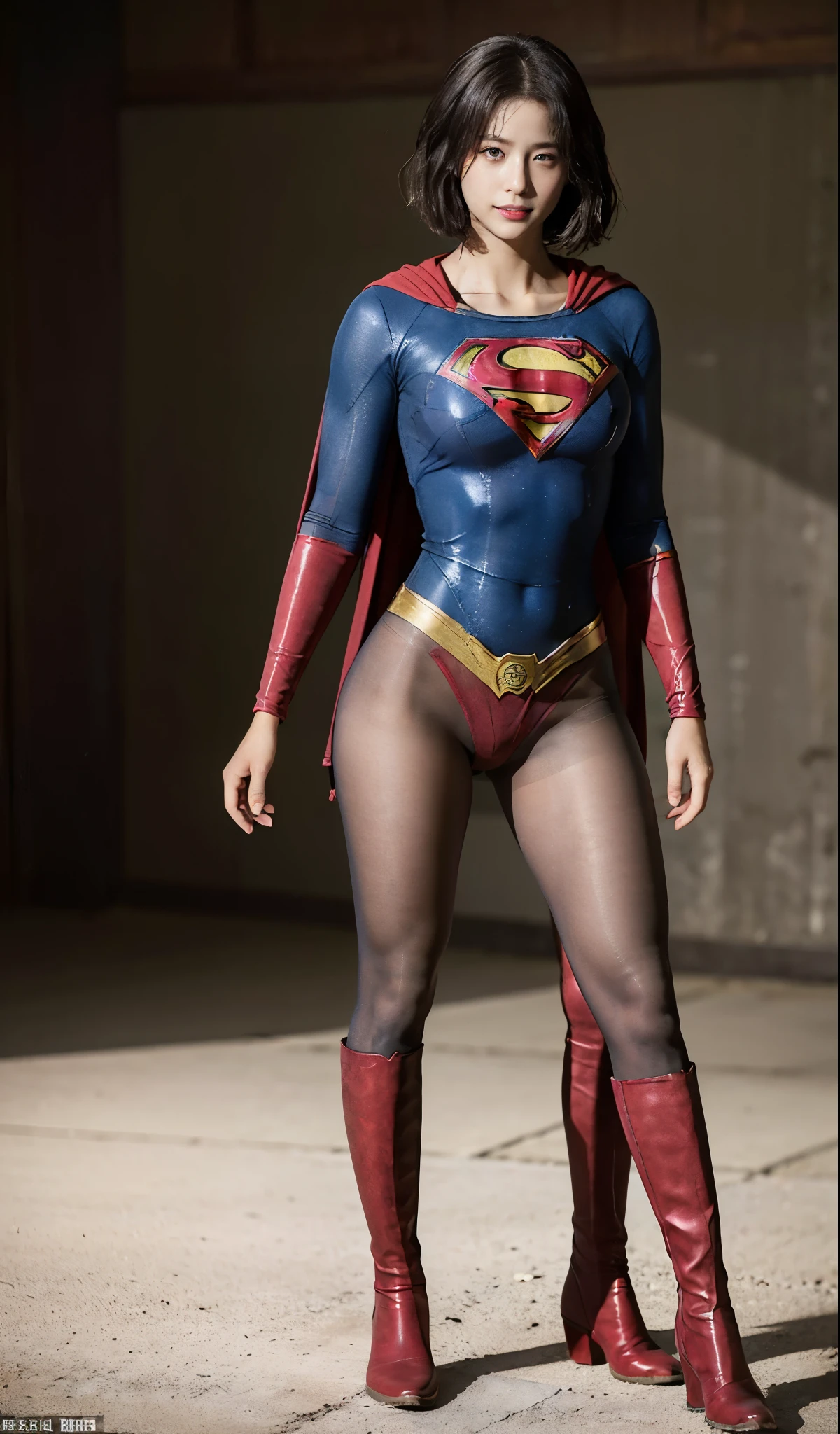 No background、(((Beautiful legs in black tights.)))、(((Legally express the beauty of your smile)))、((((Make the most of your original images)))、(((Supergirl Costume)))、(((Beautiful ultra-short hair)))、(((suffering)))、(((Please wear black tights....、Wear red boots)))、((Best image quality、8K))、((highest quality、8K、masterpiece:1.3))、(((Preserve background )))、Sharp focus:1.2、Beautiful woman with perfect figure:1.4、Thin abdominal muscles:1.2、Wet body:1.5、Highly detailed face and skin texture、8K