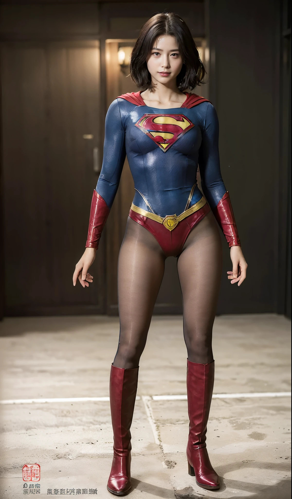 No background、(((Beautiful legs in black tights.)))、(((Legally express the beauty of your smile)))、((((Make the most of your original images)))、(((Supergirl Costume)))、(((Beautiful ultra-short hair)))、(((suffering)))、(((Please wear black tights....、Wear red boots)))、((Best image quality、8K))、((highest quality、8K、masterpiece:1.3))、(((Preserve background )))、Sharp focus:1.2、Beautiful woman with perfect figure:1.4、Thin abdominal muscles:1.2、Wet body:1.5、Highly detailed face and skin texture、8K