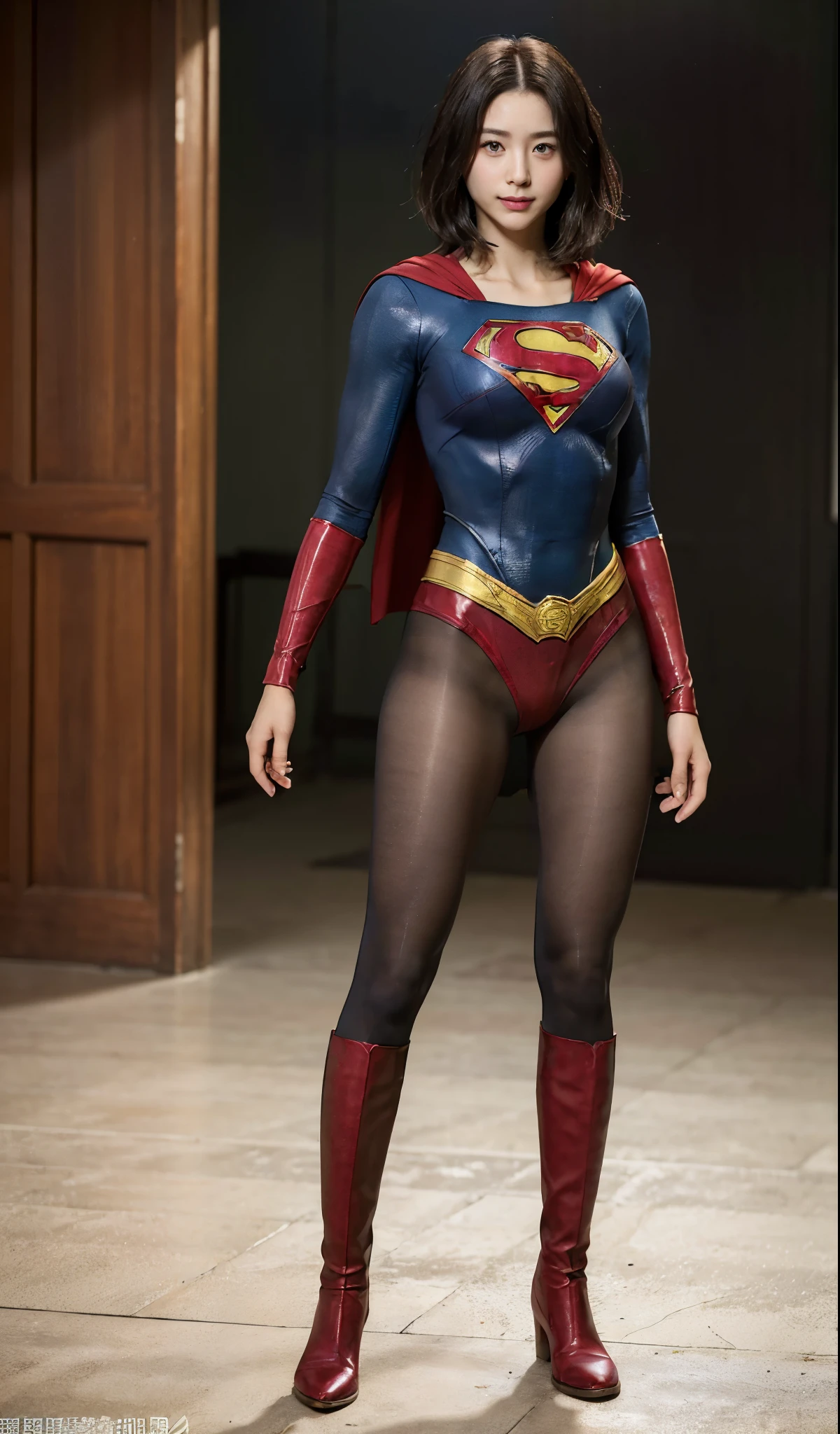 No background、(((Beautiful legs in black tights.)))、(((Legally express the beauty of your smile)))、((((Make the most of your original images)))、(((Supergirl Costume)))、(((Beautiful ultra-short hair)))、(((suffering)))、(((Please wear black tights....、Wear red boots)))、((Best image quality、8K))、((highest quality、8K、masterpiece:1.3))、(((Preserve background )))、Sharp focus:1.2、Beautiful woman with perfect figure:1.4、Thin abdominal muscles:1.2、Wet body:1.5、Highly detailed face and skin texture、8K