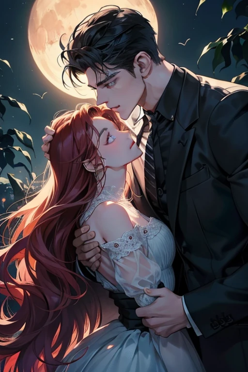 Wolf, Male werewolf embracing a beautiful girl under the exquisite look of a moonlit night. His chiseled jawline and piercing eyes were illuminated by the soft light of the moon., The perfectly sculpted face casts interesting light and dark shadows.. With wise eyes, Werewolf in anime style, The surreal beauty of the girl's features. veryロマンチックな背景の真ん中に立っていた彼らは、Romance was radiating。. Every detail of their bodies and surroundings is meticulously depicted., Show high detail and sharp focus. (Photorealistic: 1.2), (very
