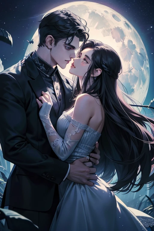 Teen Wolf, Male werewolf embracing a beautiful girl under the exquisite look of a moonlit night. His chiseled jawline and piercing eyes were illuminated by the soft light of the moon., The perfectly sculpted face casts interesting light and dark shadows.. With wise eyes, Werewolf in anime style, The surreal beauty of the girl&#39;s features. veryロマンチックな背景の真ん中に立っていた彼らは、Romance was radiating。. Every detail of their bodies and surroundings is meticulously depicted., Show high detail and sharp focus. (Photorealistic: 1.2), (very