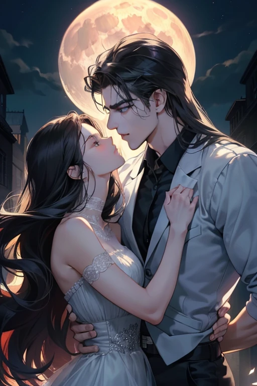 Teen Wolf, Male werewolf embracing a beautiful girl under the exquisite look of a moonlit night. His chiseled jawline and piercing eyes were illuminated by the soft light of the moon., The perfectly sculpted face casts interesting light and dark shadows.. With wise eyes, Werewolf in anime style, The surreal beauty of the girl&#39;s features. veryロマンチックな背景の真ん中に立っていた彼らは、Romance was radiating。. Every detail of their bodies and surroundings is meticulously depicted., Show high detail and sharp focus. (Photorealistic: 1.2), (very