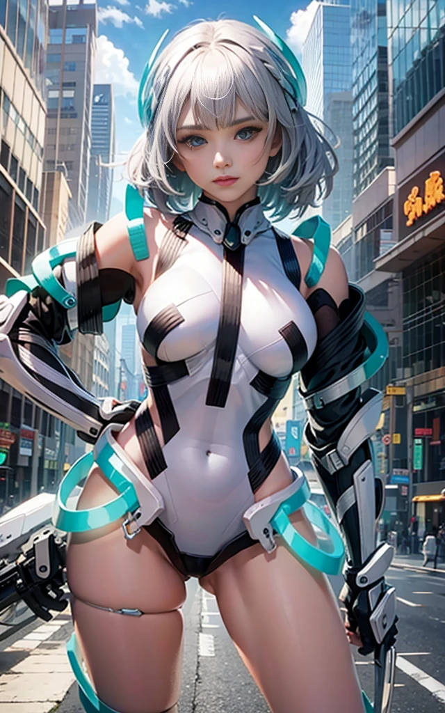 light smile, deva battle suit, outdoors, silver hair, bobhair, blue eyes, waistshot