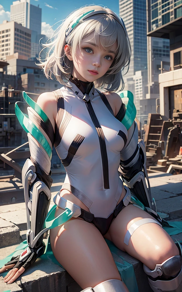 light smile, deva battle suit, outdoors, silver hair, bobhair, blue eyes, waistshot