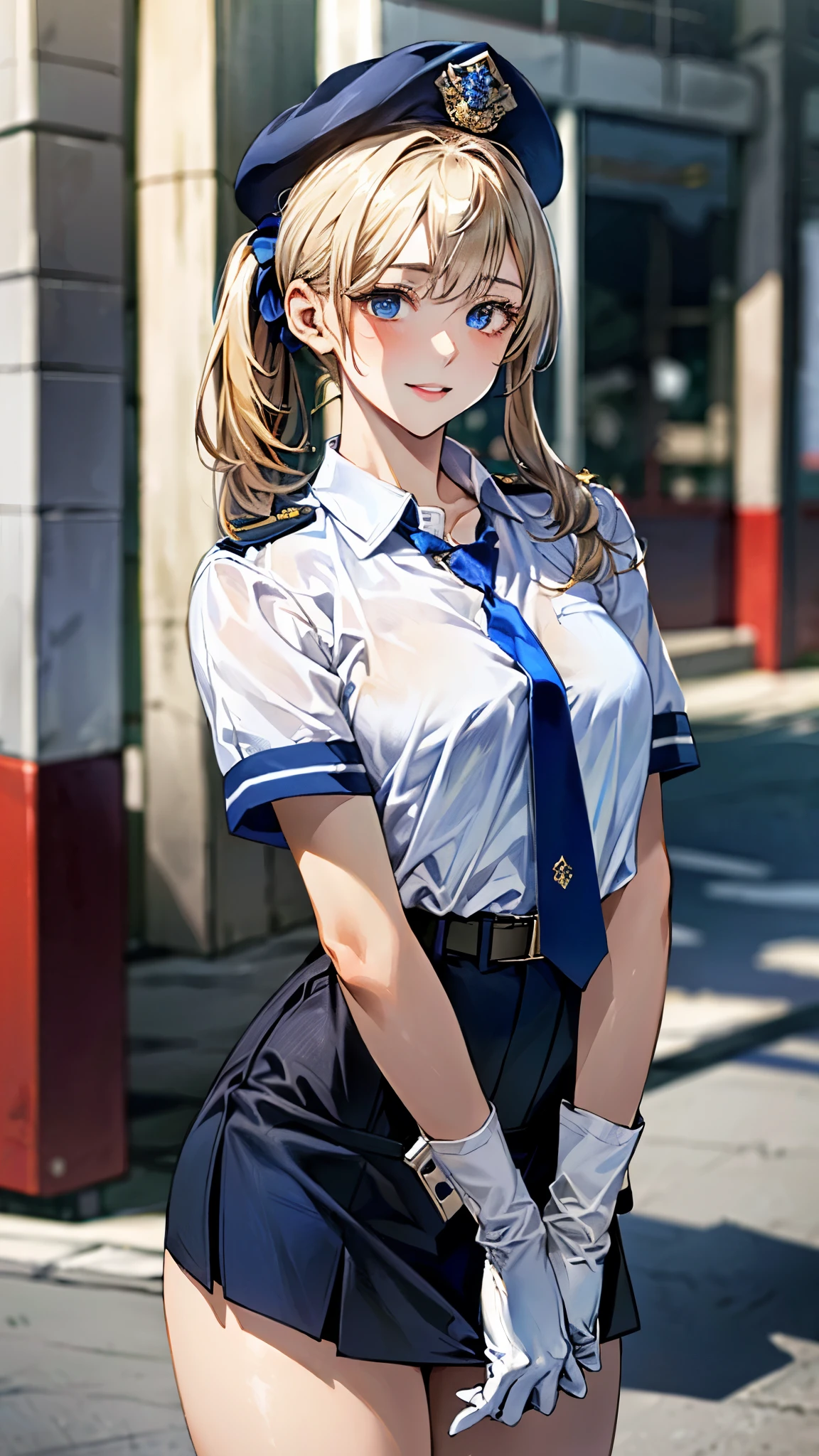 (masterpiece:1.3, top-quality, ultra high resolution, ultra detailed), (realistic, photorealistic:1.4), beautiful illustration, perfect lighting, natural lighting, depth of fields,
beautiful detailed hair, beautiful detailed face, beautiful detailed eyes, beautiful clavicle, beautiful body, beautiful chest, beautiful thigh, beautiful legs, beautiful hands,
looking at viewer, (full body), 1 girl, japanese, police girl, (perfect anatomy, anatomically correct), cute and symmetrical face, babyface, perfect face, perfect eyes, shiny skin,
(long hair:1.5, side ponytail:1.7, blond hair), asymmetrical bangs, blue eyes, long eye lasher, (medium breasts, seductive thighs),
((detailed cloth texture, policewoman uniform, light blue short sleeved shirt, navy necktie, high waisted miniskirt), belt, white gloves, police hat, handcuffs), ,
(beautiful scenery), evening, (convenience store), standing, salute, (lovely smile, upper eyes, parted lips),