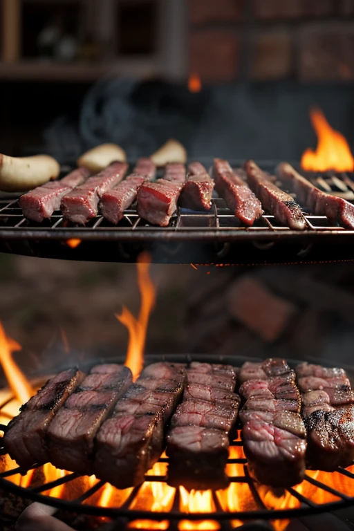 Asado argentino, carne a la parrilla, caliente, foto promocional, detalles intrincados, hdr, kinematics, adobe lightroom, muy detallada