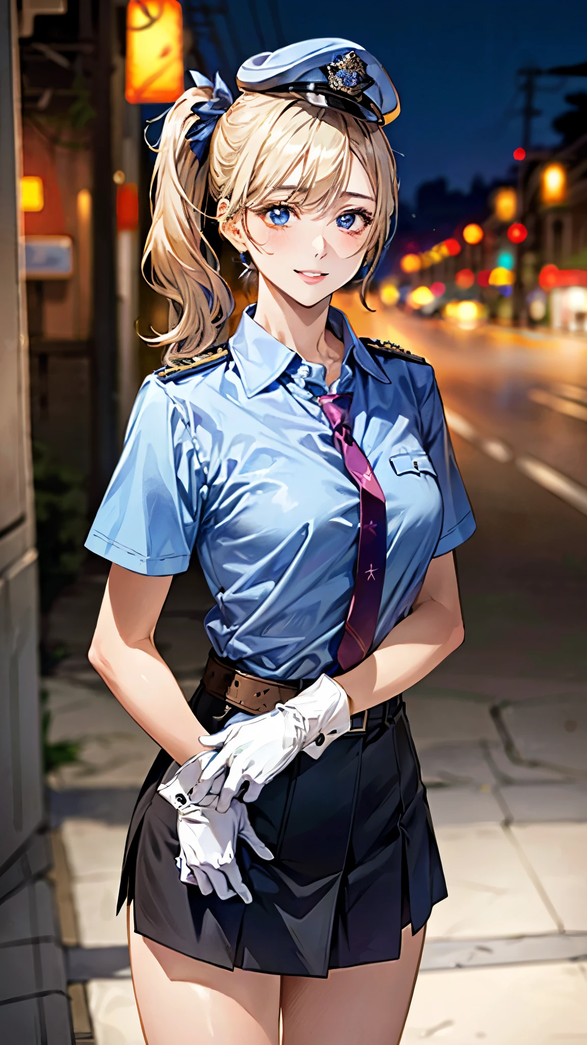 (masterpiece:1.3, top-quality, ultra high resolution, ultra detailed), (realistic, photorealistic:1.4), beautiful illustration, perfect lighting, natural lighting, depth of fields,
beautiful detailed hair, beautiful detailed face, beautiful detailed eyes, beautiful clavicle, beautiful body, beautiful chest, beautiful thigh, beautiful legs, beautiful hands,
looking at viewer, (full body), 1 girl, japanese, police girl, (perfect anatomy, anatomically correct), cute and symmetrical face, babyface, perfect face, perfect eyes, shiny skin,
(long hair:1.5, side ponytail:1.7, blond hair), asymmetrical bangs, blue eyes, long eye lasher, (medium breasts, seductive thighs),
((detailed cloth texture, policewoman uniform, light blue short sleeved shirt, navy necktie, high waisted miniskirt), belt, white gloves, police hat, handcuffs), ,
(beautiful scenery), evening, (convenience store), standing, salute, (lovely smile, upper eyes, parted lips),