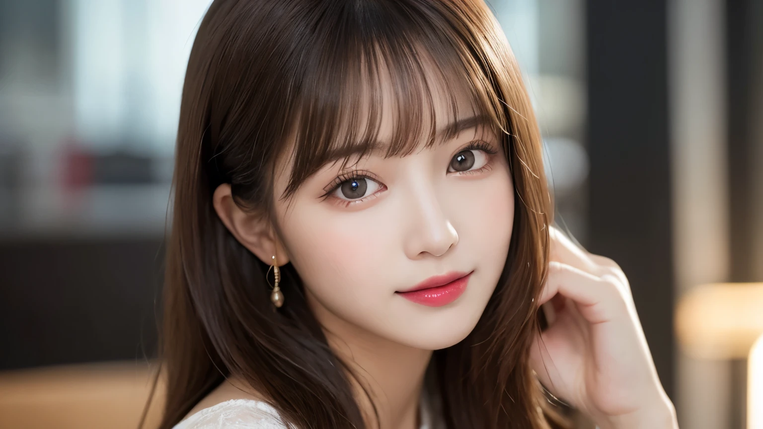 On the table, best quality, shape, Ultra Detailed, Finely, high resolution, 8k wallpaper, 完璧なダイナミックな構shape, Beautiful and delicate eyes, Medium Length Hair, Small Breasts, Natural lipstick, Casual sexy pose,Smile,20 year old girl、midnight、Beautiful and detailed face、Perfect beautiful face,big eyes、original photo、Expressing female posture using the whole body、Beautiful and delicate eyes、Small face、Beautiful duplex、Facelift and style,skirt、Beautiful golden ratio face,Double ponytail hairstyle