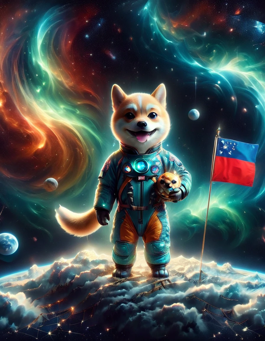 3D photograph of a charming Shiba Inu donned in a spacesuit, grasping a flag in its paw, standing assertive atop the moon's cratered surface. The enchanting planetary perspective showcases Earth in the distant cosmic backdrop, illuminated vibrantly. The image, taken with a high-resolution satellite camera, captures the whimsical juxtaposition of an adorable domestic dog amidst the awe-inspiring vastness of space, encapsulating the essence of playful space exploration in haute definition.