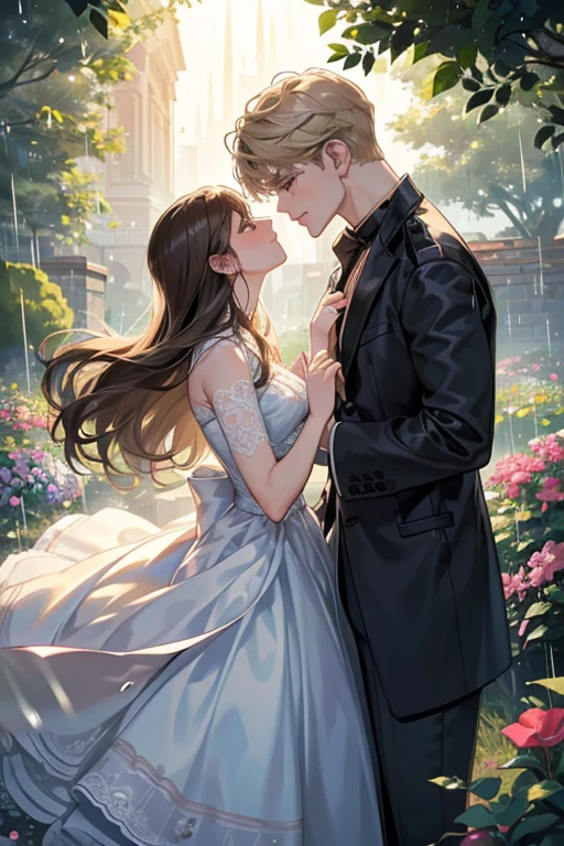 (1.5 SD male and womale, A romantic and sweet encounter, Height difference, light hair color and dark hair color, kiss, rain, garden, Sharp details, high quality),
2 people, 一人のmaleと一人の女, with a Height difference, Come join me for a tender and romantic momalet. male&#39;Hair color is light, woman&#39;Medium chest,Hair is black. They find themselves under the gentle patter of rain, Water droplets glitter on your face. 彼女の唇が彼の唇と情熱的なkissを交わす, Their faces were filled with love and longing.... The view is blue々としたgardenの美しさに囲まれています, Wet ground in the background、The petals are clearly visible