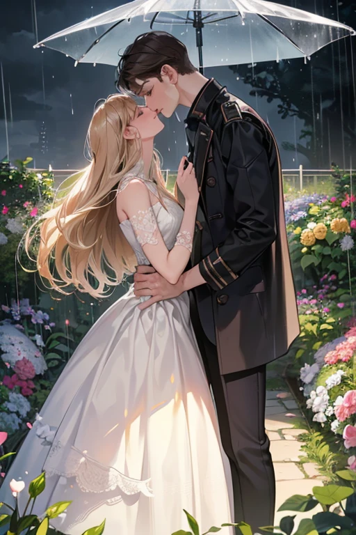 (1.5 SD male and womale, A romantic and sweet encounter, Height difference, light hair color and dark hair color, kiss, rain, garden, Sharp details, high quality),
2 people, 一人のmaleと一人の女, with a Height difference, Come join me for a tender and romantic momalet. male'Hair color is light, woman'Medium chest,Hair is black. They find themselves under the gentle patter of rain, Water droplets glitter on your face. 彼女の唇が彼の唇と情熱的なkissを交わす, Their faces were filled with love and longing.... The view is blue々としたgardenの美しさに囲まれています, Wet ground in the background、The petals are clearly visible