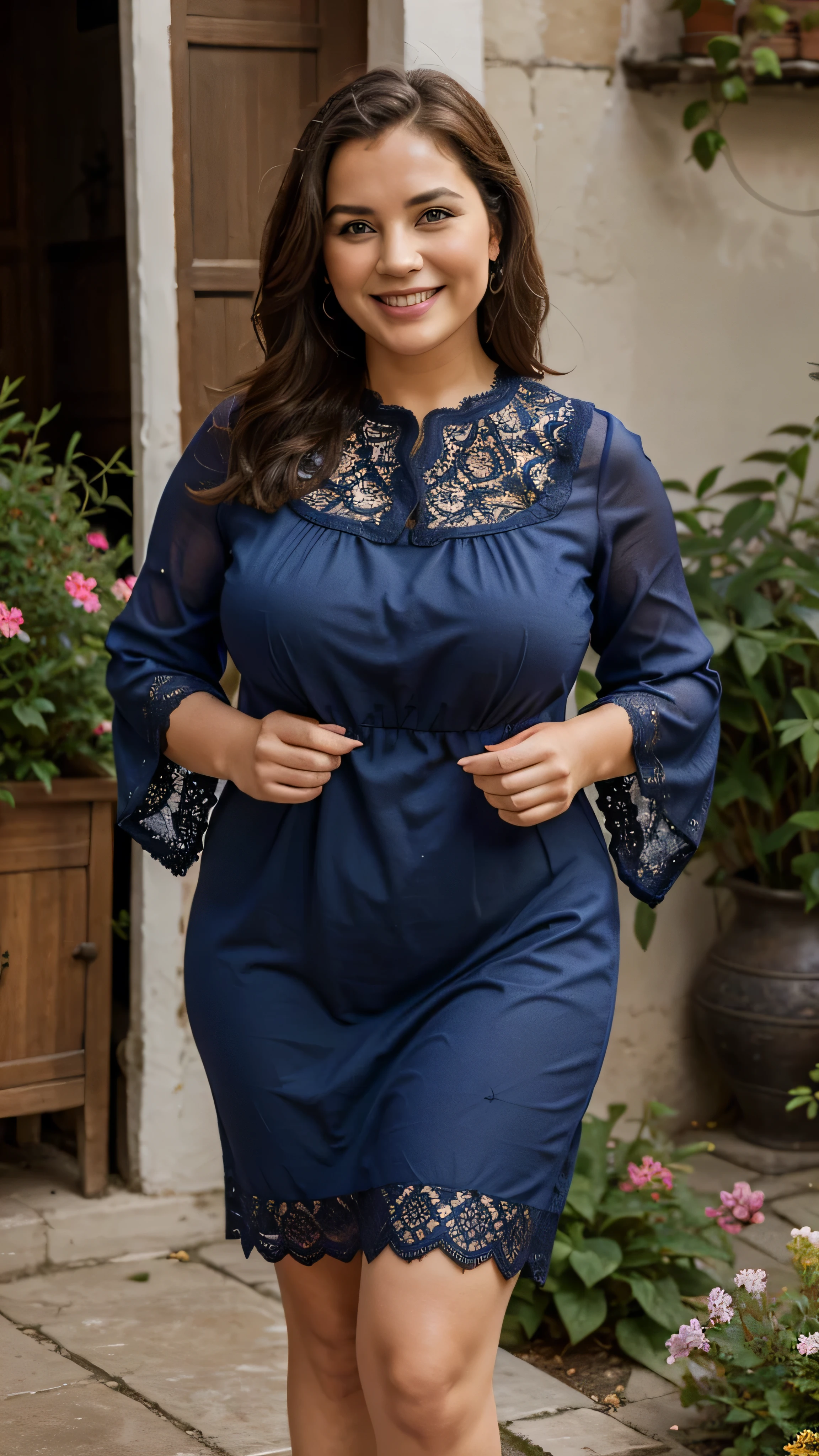 A beautiful and hot almost chubby mature woman.who is wearing a patterned navy dress with lace-like sleeves. and standing at home in the village. A smiling face