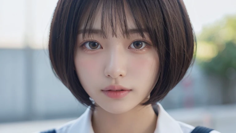 (Bob Cut Hair:1.2),(Wearing black school uniform:1.2),1 girl,Japanese,21 years old,(Small breasts:1.3),(highest quality,masterpiece:1.3,超A high resolution,),(Ultra-detailed,Caustics),(Photorealistic:1.4,RAW shooting,)Ultra-Realistic Capture,Very detailed,High resolution 16K human skin close-up。 Natural skin texture、,Pores、、It needs to be detailed enough to be easily identifiable。 Skin should be even-toned and healthy looking。 Use natural light and colour, Sad expression, Looking at the camera, Perfect dynamic composition, Outdoor