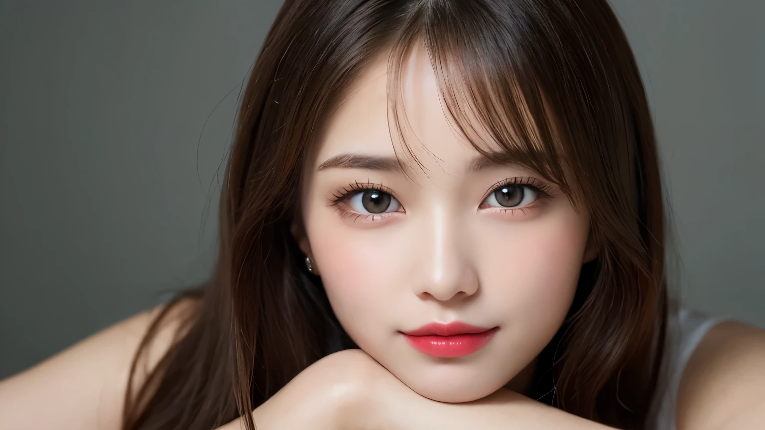 on the table, best quality, shape, Ultra Detailed, Finely, high resolution, 8k wallpaper, 完璧なダイナミックな構shape, Beautiful and delicate eyes, Medium Length Hair, Small Breasts, Natural lipstick, Casual sexy pose,Smile,20 year old girl、midnight、Beautiful and detailed face、Perfect beautiful face,big eyes、original photo、Use the whole body to express the feminine posture、Beautiful and delicate eyes、Small face、Beautiful duplex、Facelift and style,skirt、Beautiful golden ratio face,Long hair