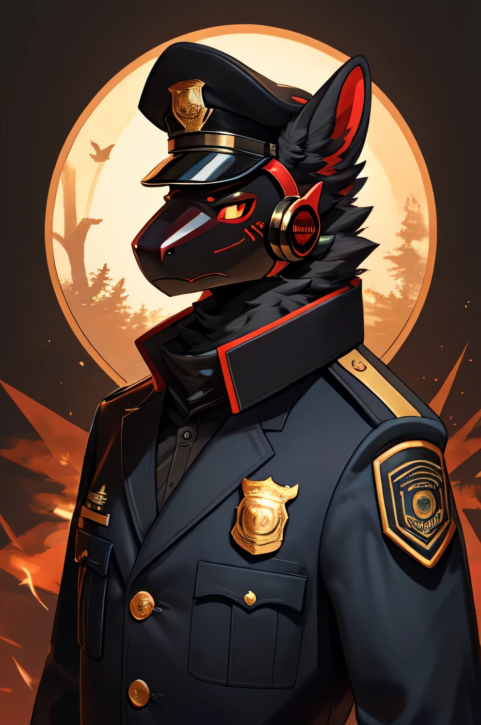  protogen, anthro, male, solo, clothing, black fur, black clothing, German officer uniform, black topwear, lidded eyes, black anD red, forest  background, serious, officer hat, pickelhaube 