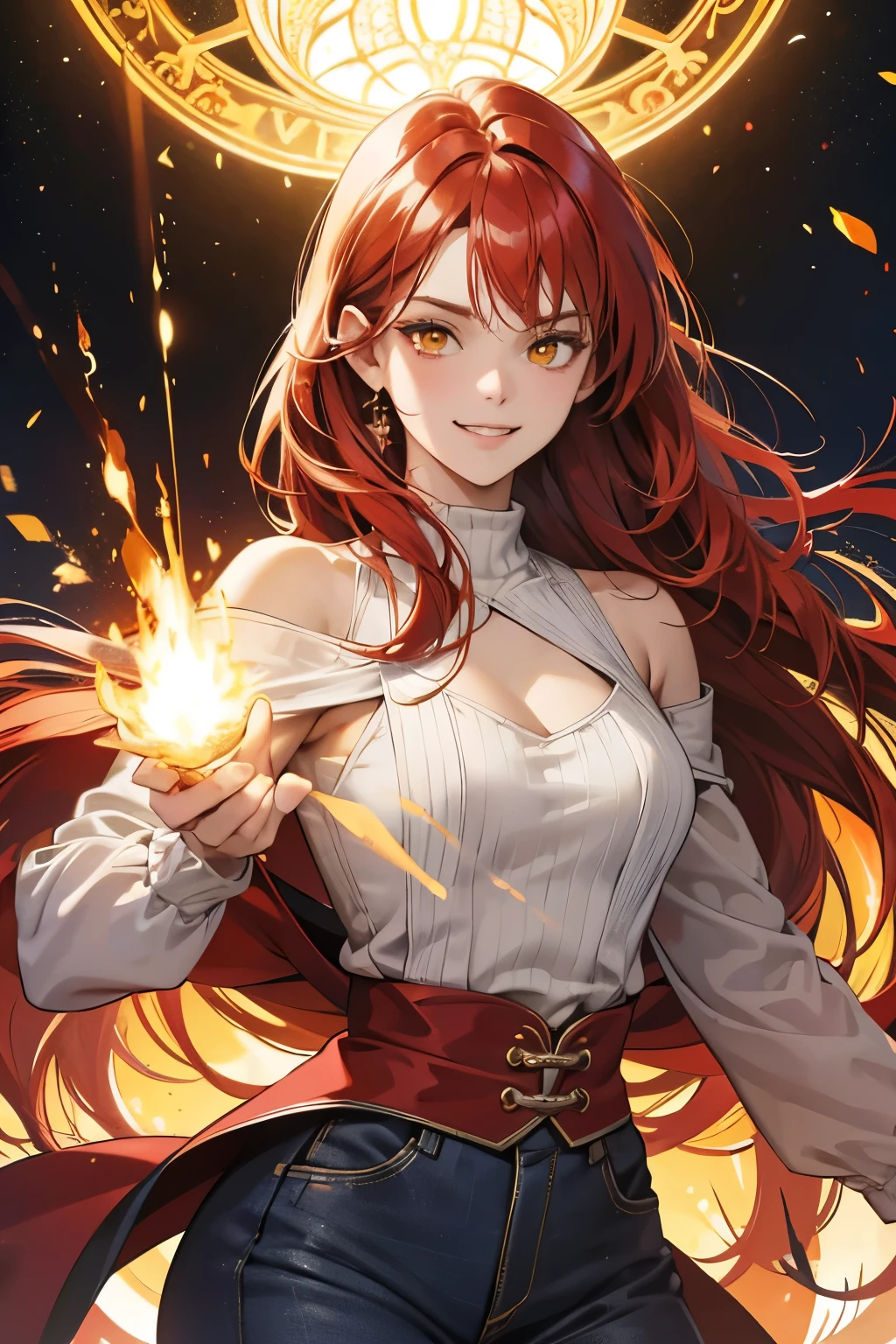 (absurdres, highres, ultra detailed),Masterpiece,intricate details,Best quality,8k,Realistic face,anime girl,Realistic skin texture,magnified textures, stunning clarity, ultra detailed eyes and faces,glowing red hair, long hair, glowing yellow eyes,(smugness:1.5),oversized sweater,(Shoulder Bare),(Chest exposed)chino pants,spelling magic,fighting pose,light particles,a lot of explosions,sparkling lights,blazing inferno,magic circle,18th century,london,from front, look at viewer