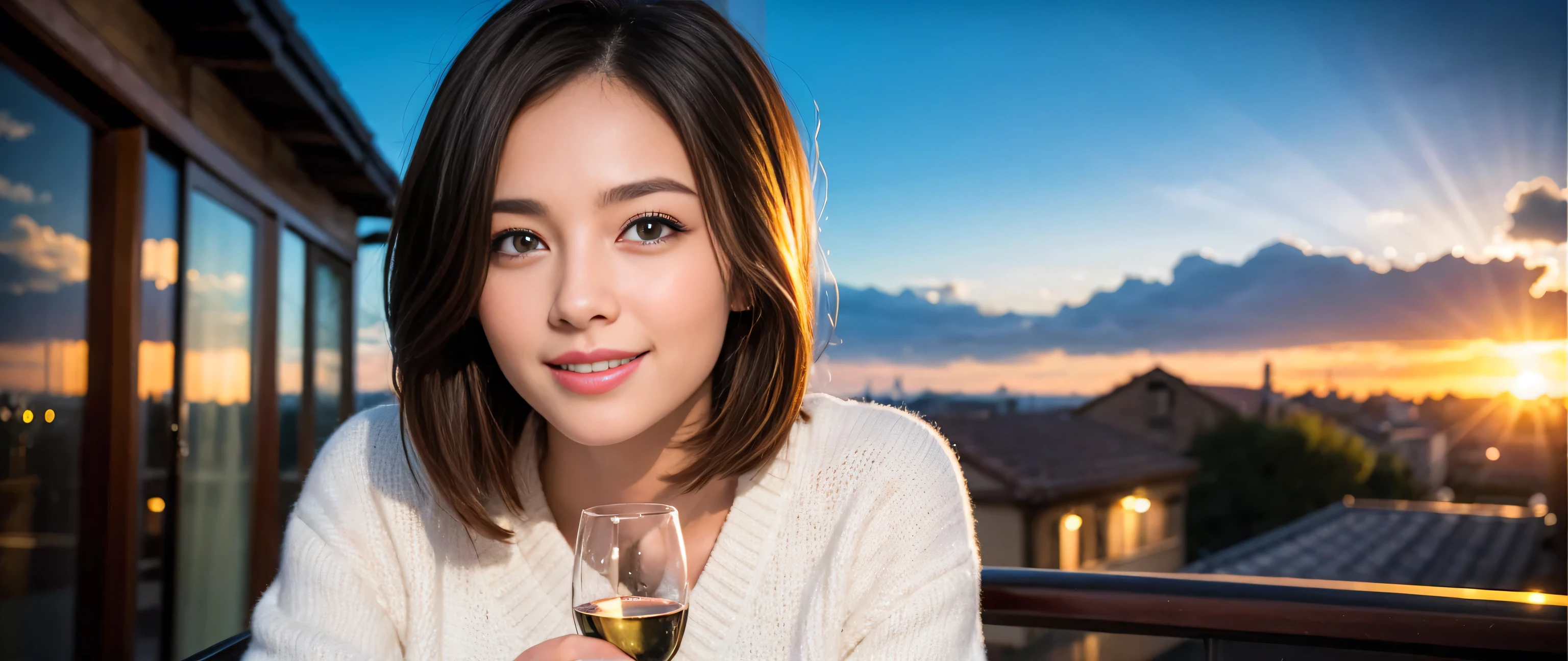 ((highest quality、8k、masterpiece:1.3))、Sharp focus:1.2、Beautiful woman perfect body:1.4、Slim body、((Bob Hale、Straight hair:1.2))、(to be born, highest quality, masterpiece:1.5), (Realistic, Intricate details:1.2), Ultra-high resolution, Put the light on your face、Amazing view of the sunset sky and clouds、Amazing mountain views、A bright smile、wine glass、red wine 、Appetizer、Italian food、Wine bottle、Champagne、sparkling wine、, Beautiful Face, blue eyes, The light shines on your face, Blushing, short hair,Bright Face、Fox face、 (42 years old), 40 years old, Lady、Two beauties、Brown Hair、Shortcuts、Long sleeve shirt、dress、Pretty Woman 1, (Slim face), (The body is slim), (Brown Hair), (Shortcuts), cheeks turn a little red,Attractive beauty、, Out of the window, A beautiful and detailed night view unfolds.........., restaurant, In a prominent place (From the waist up) Nova Frog Style, actress, model, Upper Body, White wine, slim, wine glass, A wine glass placed in the middle, smile, (smile: 1.15), Beautiful fine grain, Depth f/2,saturation, High Contrast, Strong light and shadow,Moist Body:1.5、3D texture、Delicate eyes、Brown Hair、The hair is very shiny、