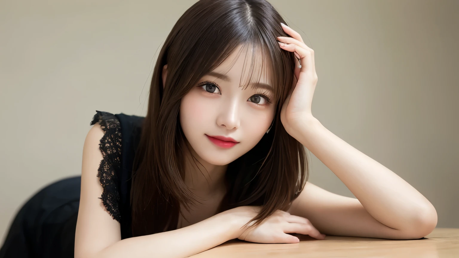 on the table, best quality, shape, Ultra Detailed, Finely, high resolution, 8k wallpaper, 完璧なダイナミックな構shape, Beautiful and delicate eyes, Medium Length Hair, Small Breasts, Natural lipstick, Casual sexy pose,Smile,20 year old girl、midnight、Beautiful and detailed face、Perfect beautiful face,big eyes、original photo、Use the whole body to express the feminine posture、Beautiful and delicate eyes、Small face、Beautiful duplex、Facelift and style,skirt、Beautiful golden ratio face,Long hair