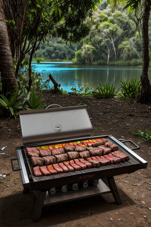 Asado argentino, carne a la parrilla, caliente, foto promocional, detalles intrincados, hdr, kinematics, adobe lightroom, muy detallada in jungle next to house and the lake