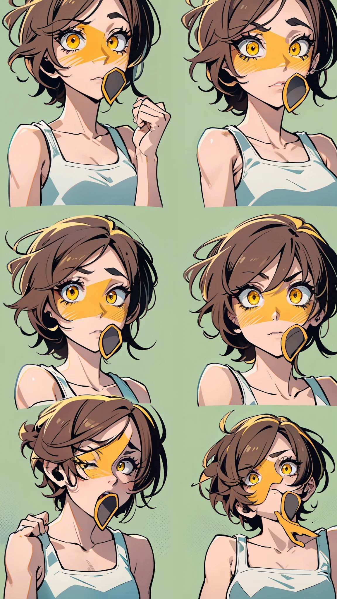Furious Female lifting the hands in clinch posture, brown hair, yellow glowing eyes, yellow eyes, short hair wearing fingerless gloves, punching the camera, makeup, mascara, Lips are subdued or colors, sleeveless t shirt, black shorts 🩳,Minimalism, monotone, simple color palettes, Clean, sharp designs,