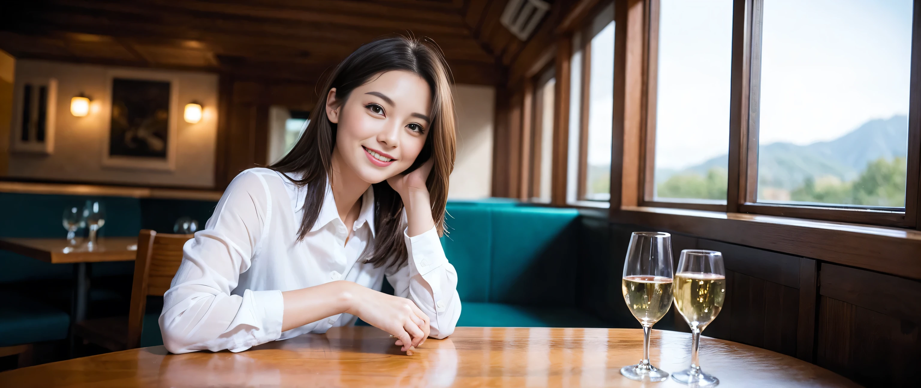 ((highest quality、8k、masterpiece:1.3))、Sharp focus:1.2、Beautiful woman perfect body:1.4、Slim body、((Bob Hale、Straight hair:1.2))、(to be born, highest quality, masterpiece:1.5), (Realistic, Intricate details:1.2), Ultra-high resolution, Put the light on your face、Amazing view of the sunset sky and clouds、Amazing mountain views、A bright smile、wine glass、red wine 、Appetizer、Italian food、Wine bottle、Champagne、sparkling wine、, Beautiful Face, blue eyes, The light shines on your face, Blushing, short hair,Bright Face、Fox face、 (36 years old), 39 years old, Lady、Two beauties、Brown Hair、Shortcuts、Long sleeve shirt、dress、Pretty Woman 1, (Slim face), (The body is slim), (Brown Hair), (Shortcuts), cheeks turn a little red,Attractive beauty、, Out of the window, A beautiful and detailed night view unfolds.........., restaurant, In a prominent place (From the waist up) Nova Frog Style, actress, model, Upper Body, White wine, slim, wine glass, A wine glass placed in the middle, smile, (smile: 1.15), Beautiful fine grain, Depth f/2,saturation, High Contrast, Strong light and shadow,Moist Body:1.5、3D texture、Delicate eyes、Brown Hair、The hair is very shiny、