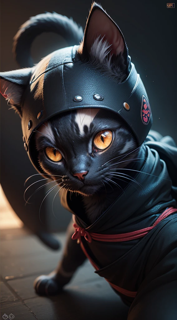 (bright dark fantasy cute ninja cat,minimalistic cartoon style:1.1) , Octane render,8K,ultra-detailed,professional, vibrant colors,sharp focus,physically-based rendering,extremely detailed eyes and face, longeyelashes