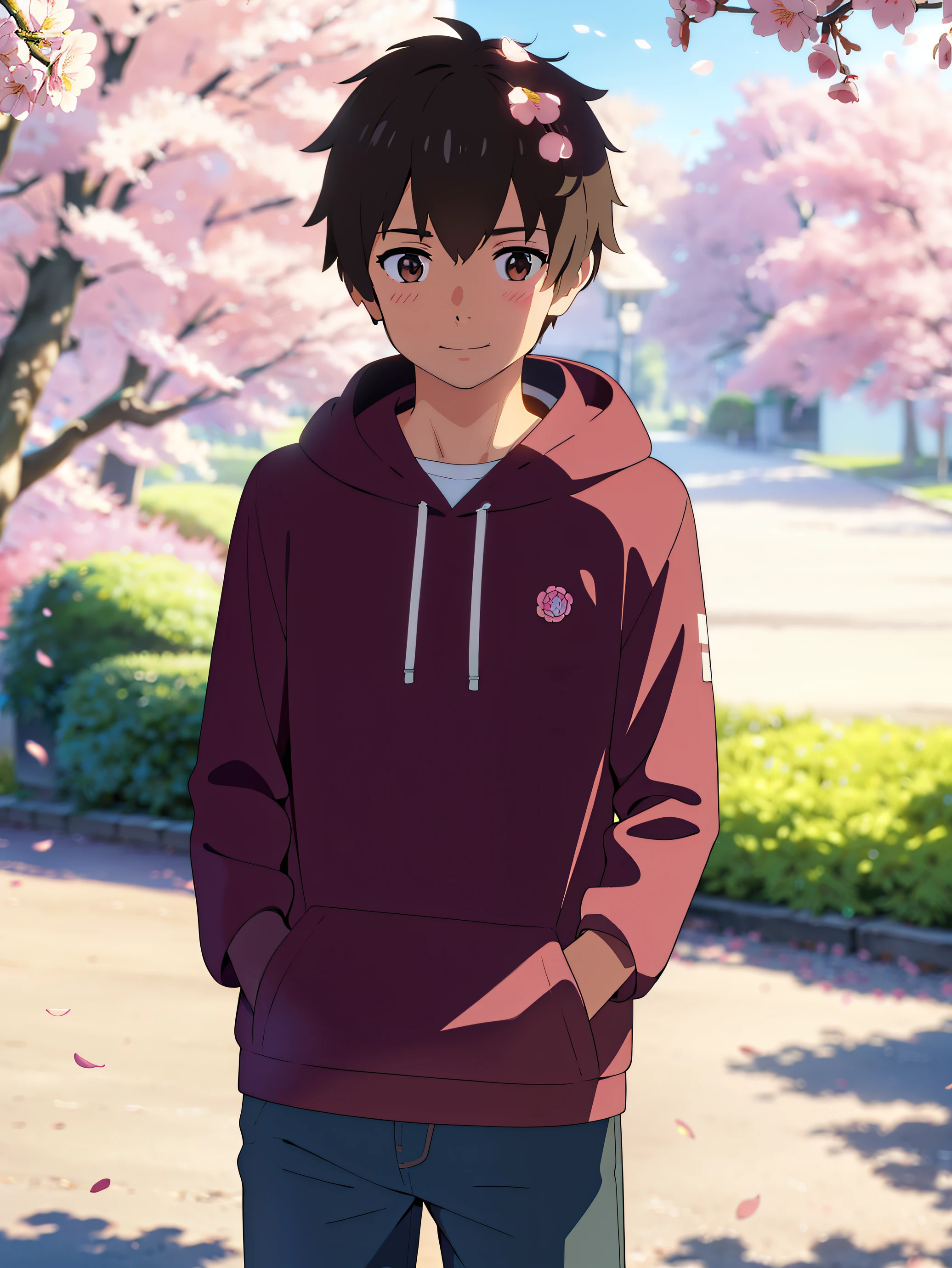 Highres, Masterpiece, Best quality at best,Best Quality,hight quality, hight detailed, 1boy, shinkai makoto, kimi no na wa, 1boy, Taki, (boy wear hood, hoodie), blush, brown eyes, smile, cute, looking at the viewer, cherry_blossoms, falling_petals, petals, branch, pink_flower, sky, sunlight, spring_season, wind, tree