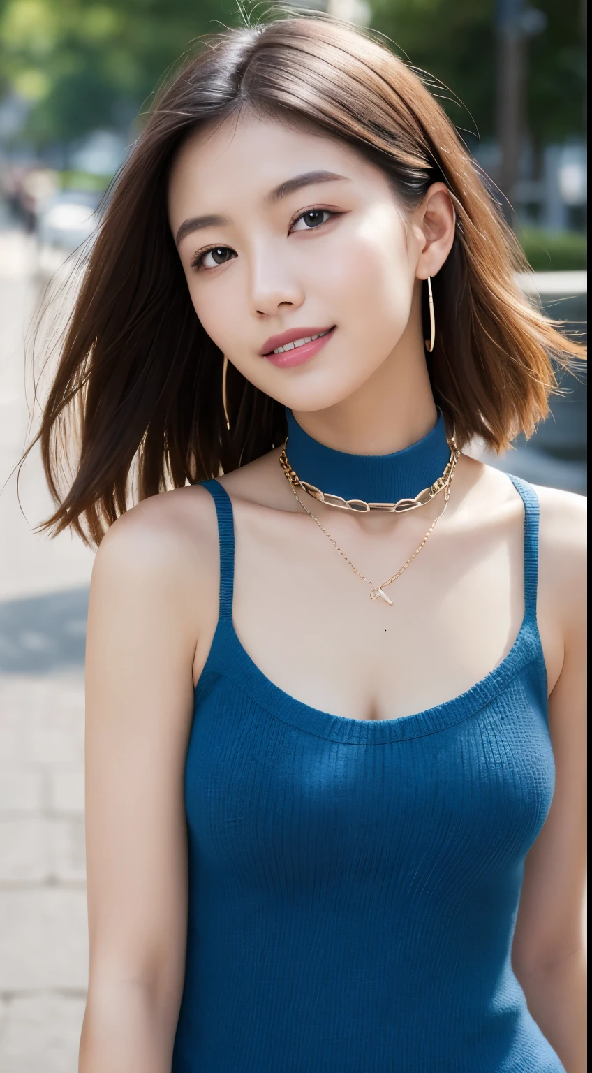 Tabletop, highest quality, figure, Very detailed, In detail, High resolution, 8k wallpaper, Perfect dynamic composition, Beautiful fine details, dress,Medium Hair, Center of chest, Natural color lip, Random sexy poses,smile,Aoyama Street Walk、20-year-old girl、Shoulderless knit(Shui Color)、Slid、Choker with chain、I keep my hair tied