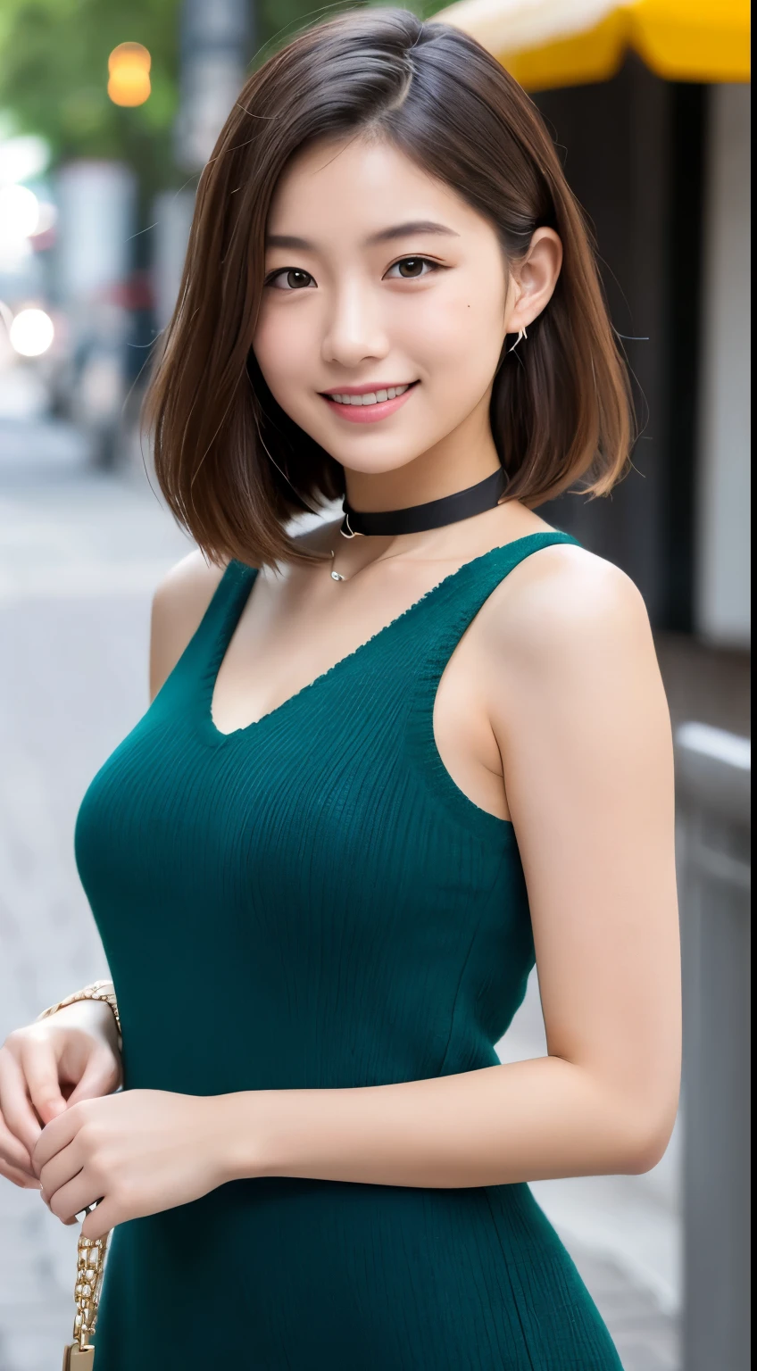 Tabletop, highest quality, figure, Very detailed, In detail, High resolution, 8k wallpaper, Perfect dynamic composition, Beautiful fine details, dress,Medium Hair, Center of chest, Natural color lip, Random sexy poses,smile,Aoyama Street Walk、20-year-old girl、Shoulderless knit（Shui Color）、Slid、Choker with chain、I keep my hair tied
