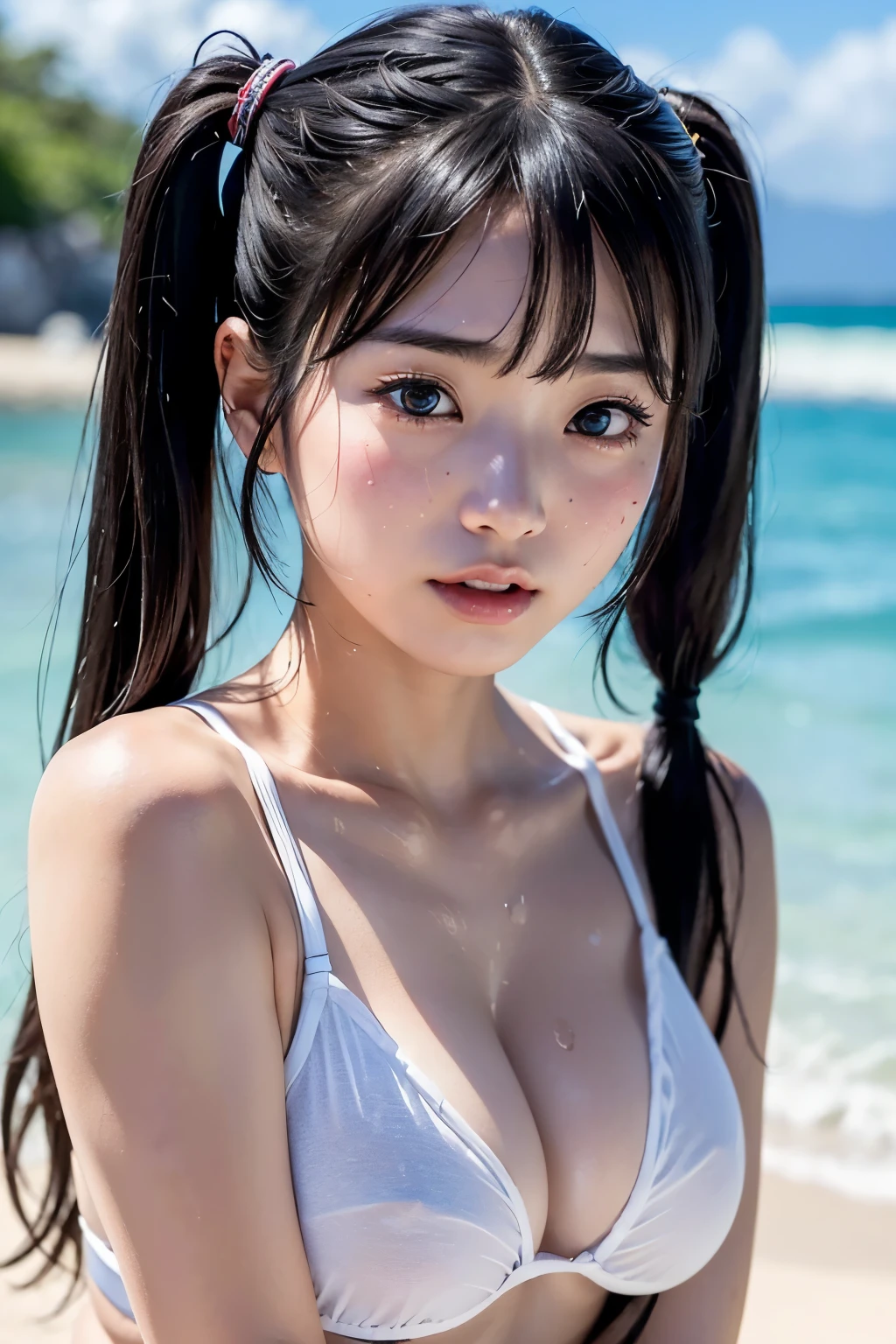 (((20-year-oldの日本人女性が中央に一人)))、Very sexy poses at random、Random very sexy facial expressions、 (8K、highest quality、Mastepiece:1,2)、(Real、フォトReal:1.37)、Super Detail、One Girl、)、(Very detailed)、(Beautiful detailed eyes)、(highest qualityの)、(Super detailed)、(Mastepiece)、(Detail face)、20-year-old、1 person girl、Black Hair、Twin tails、Big Breasts、Upper Body、looking at the camera、Beach、sunny、Sweaty, shiny skin、Skin that shines white with sweat