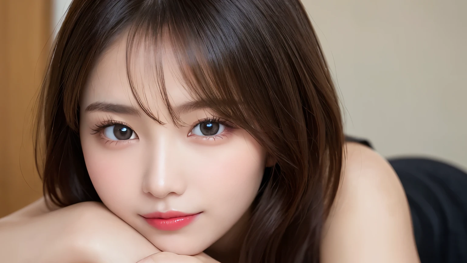 on the table, best quality, shape, Ultra Detailed, Finely, high resolution, 8k wallpaper, 完璧なダイナミックな構shape, Beautiful and delicate eyes, Medium Length Hair, Small Breasts, Natural lipstick, Casual sexy pose,Smile,20 year old girl、midnight、Beautiful and detailed face、Perfect beautiful face,big eyes、original photo、Use the whole body to express the feminine posture、Beautiful and delicate eyes、Small face、Beautiful duplex、Facelift and style,skirt、Beautiful golden ratio face,Long hair