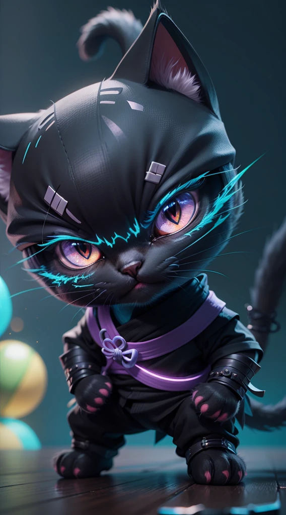 (bright dark fantasy cute ninja cat,minimalistic cartoon style:1.1) , Octane render,8K,ultra-detailed,professional, vibrant colors,sharp focus,physically-based rendering,extremely detailed eyes and face, longeyelashes