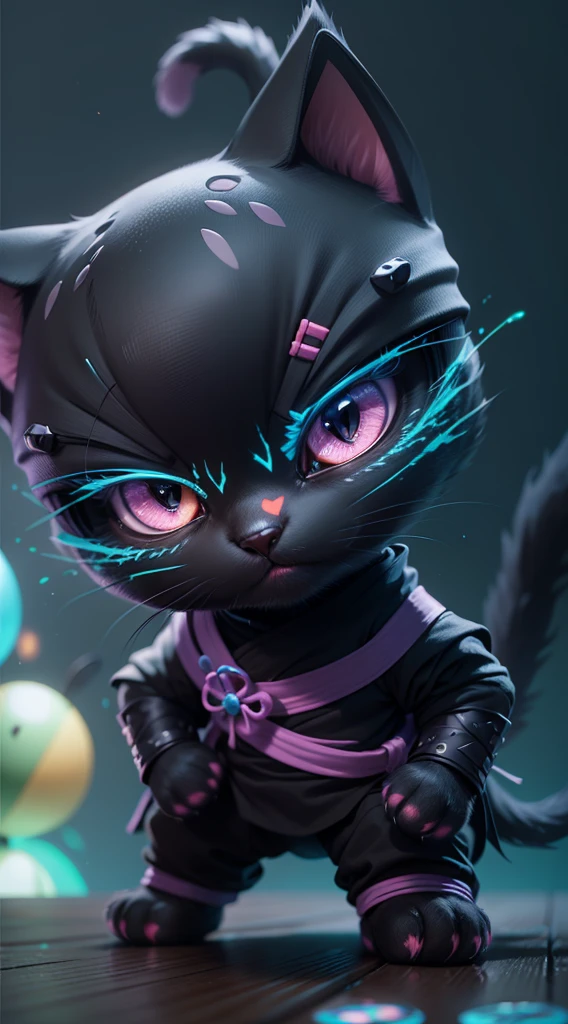 (bright dark fantasy cute ninja cat,minimalistic cartoon style:1.1) , Octane render,8K,ultra-detailed,professional, vibrant colors,sharp focus,physically-based rendering,extremely detailed eyes and face, longeyelashes