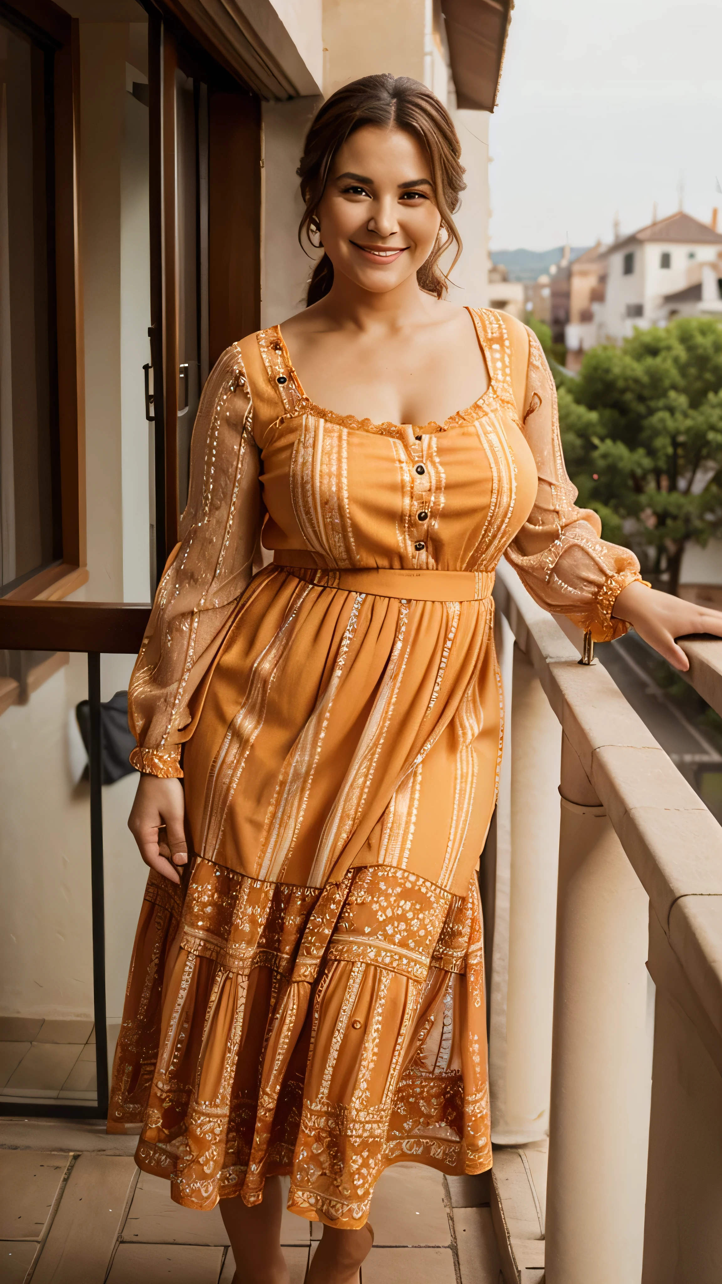 A beautiful and hot almost chubby mature woman.who wears a patterned orange dress with lace-like sleeves. And standing on the balcony in the village. A smiling face