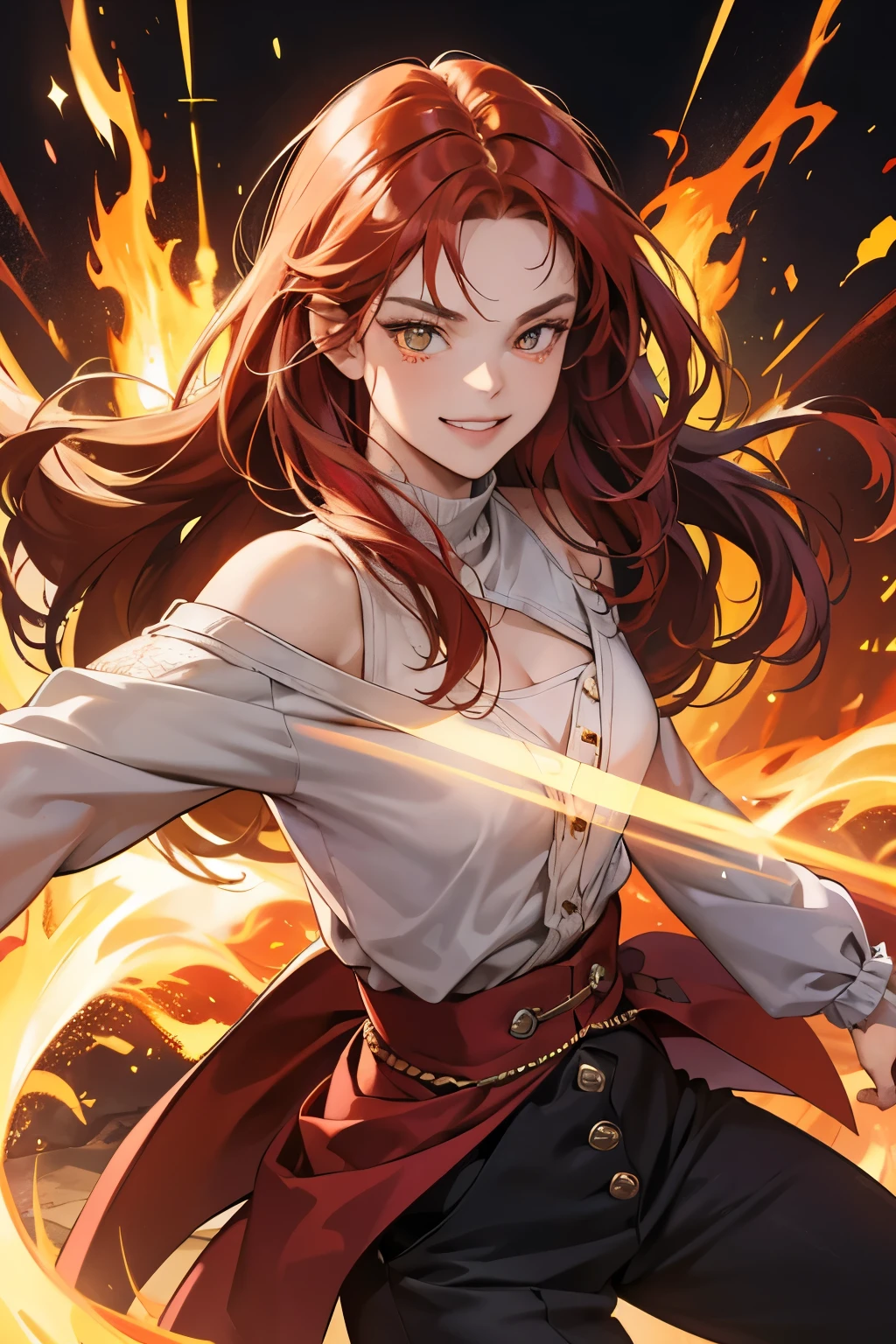 (absurdres, highres, ultra detailed),Masterpiece,intricate details,Best quality,8k,Realistic face,anime girl,Realistic skin texture,magnified textures, stunning clarity, ultra detailed eyes and faces,glowing red hair, long hair, glowing yellow eyes,(smugness:1.5),oversized sweater,(Shoulder Bare),(Chest exposed)chino pants,spelling magic,fighting pose,light particles,a lot of explosions,sparkling lights,blazing inferno,magic circle,18th century,london,from front, look at viewer