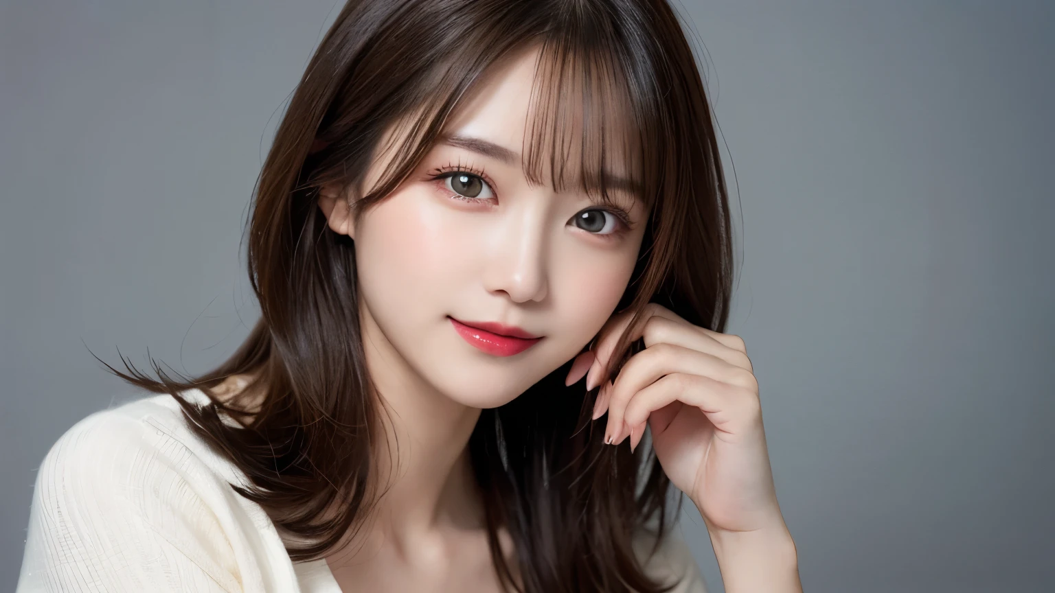 on the table, best quality, shape, Ultra Detailed, Finely, high resolution, 8k wallpaper, 完璧なダイナミックな構shape, Beautiful and delicate eyes, Medium Length Hair, Small Breasts, Natural lipstick, Casual sexy pose,Smile,20 year old girl、midnight、Beautiful and detailed face、Perfect beautiful face,big eyes、original photo、Use the whole body to express the feminine posture、Beautiful and delicate eyes、Small face、Beautiful duplex、Facelift and style,skirt、Beautiful golden ratio face,Long hair