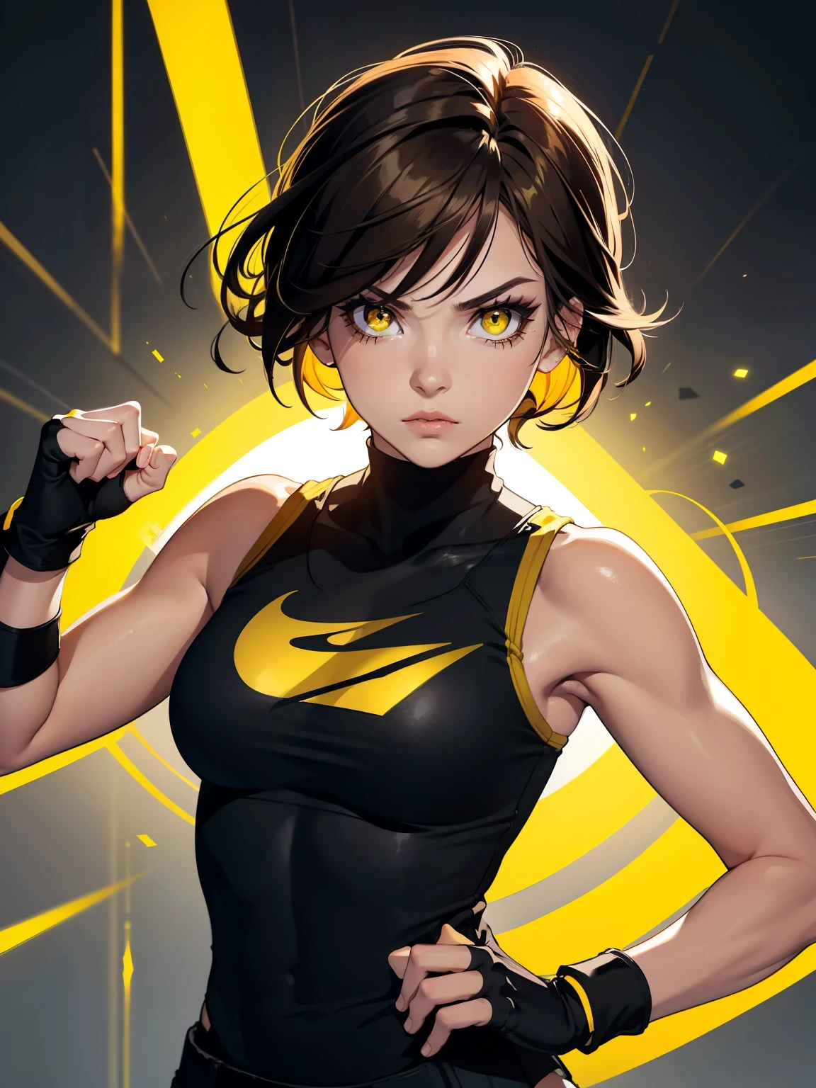 Furious Female  lifting the hands in clinch posture, brown hair, yellow glowing eyes, yellow eyes, short hair wearing fingerless gloves, punching the camera, makeup, mascara, Lips are subdued or  colors, sleeveless t shirt, black shorts 🩳,Minimalism, monotone, simple color palettes, Clean, sharp designs, 