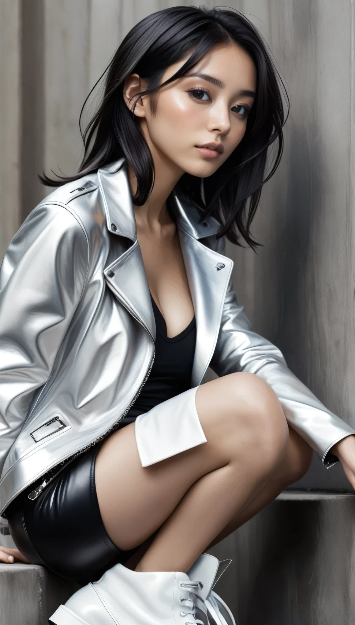 masterpiece, Best Quality, Realistic, (all body shot, sitting:1.6), (See-through mode fashion portrait), (all body shot, sitting:1.6), BREAK (1girl, luxury, fashion model posing:1.2), (from front below angle, all body shot:1.4), BREAK (ultra slim waist, firm large breasts, medium buttocks, perfect two legs and two feet:1.4), (Detailed Breasts, Detailed body line, Detailed legs and feet:1.2), exuding a sculptural beauty, White and beautiful Silky skin, BREAK (meat stuck to the clothing, cameltoe, See-through:1.2), sleek white leather jacket featuring bold black graffiti prints for an edgy vibe, Layer over a sheer, see-through black mesh top with intricate geometric patterns for added texture, Pair with high-waisted black leather pants adorned with silver zipper details for a statement look, BREAK Accessorize with chunky silver chain bracelets and oversized hoop earrings for a touch of urban glamour, Complete the ensemble with platform high-cut sneakers in black patent leather, featuring thick white soles for a futuristic twist, BREAK Style hair in a messy, tousled bob with hints of white and black streaks for a dynamic look, Opt for minimal makeup with a focus on dramatic black eyeliner and glossy nude lips for a chic finish, BREAK Strike a confident pose with an air of effortless coolness, embodying the spirit of street-chic fashion with a high-fashion twist, BREAK (all body shot, sitting:1.6), Detailed face, cute and Pretty slim face, perfect beautiful Tooth, arranged gray hair, looking viewer, in a concrete, steam and mist background, Realistic black Shadow