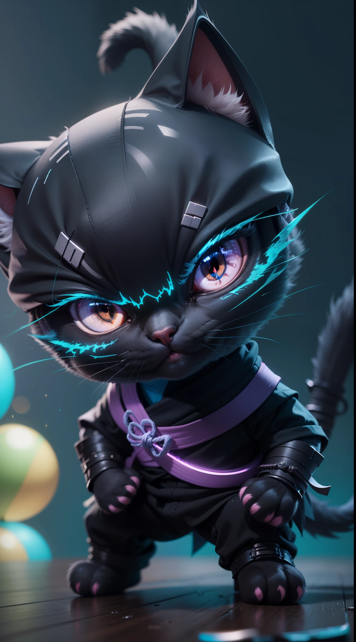 (bright dark fantasy cute ninja cat,minimalistic cartoon style:1.1) , Octane render,8K,ultra-detailed,professional, vibrant colors,sharp focus,physically-based rendering,extremely detailed eyes and face, longeyelashes