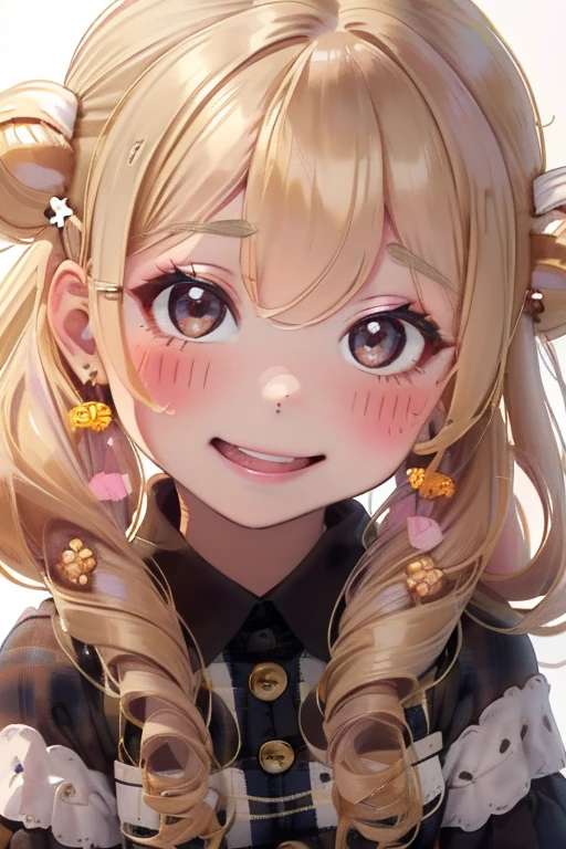 girl,cute,(blonde:1.2),(long hair with curls,:1.2),(With bangs),(Eye size:1.5),(Plaid Dresses:1.3(Beehive-shaped hair ornament:1.3),(smile:1.15),(Face close-up:1.2),(blush:1.2),