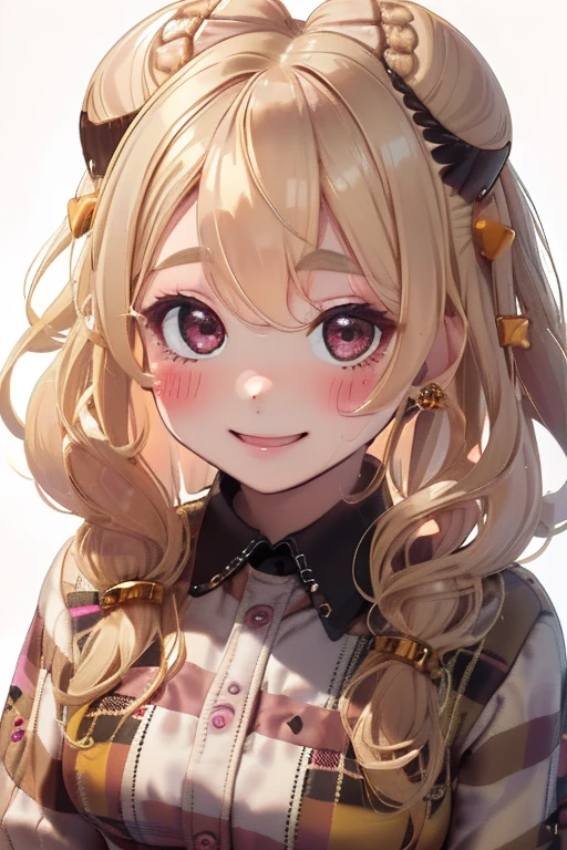 girl,cute,(blonde:1.2),(long hair with curls,:1.2),(With bangs),(Eye size:1.5),(Plaid Dresses:1.3(Beehive-shaped hair ornament:1.3),(smile:1.15),(Face close-up:1.2),(blush:1.2),