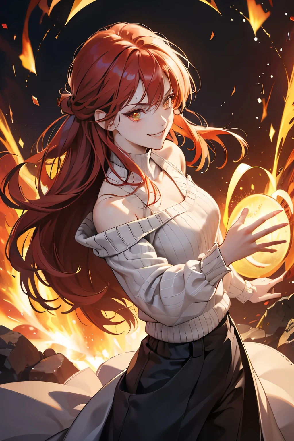 (absurdres, highres, ultra detailed),Masterpiece,intricate details,Best quality,8k,Realistic face,anime girl,Realistic skin texture,magnified textures, stunning clarity, ultra detailed eyes and faces,glowing red hair, long hair, glowing yellow eyes,(smugness:1.5),oversized sweater,(Shoulder Bare),(Chest exposed)chino pants,spelling magic,fighting pose,light particles,a lot of explosions,sparkling lights,blazing inferno,magic circle,18th century,london,from front, look at viewer