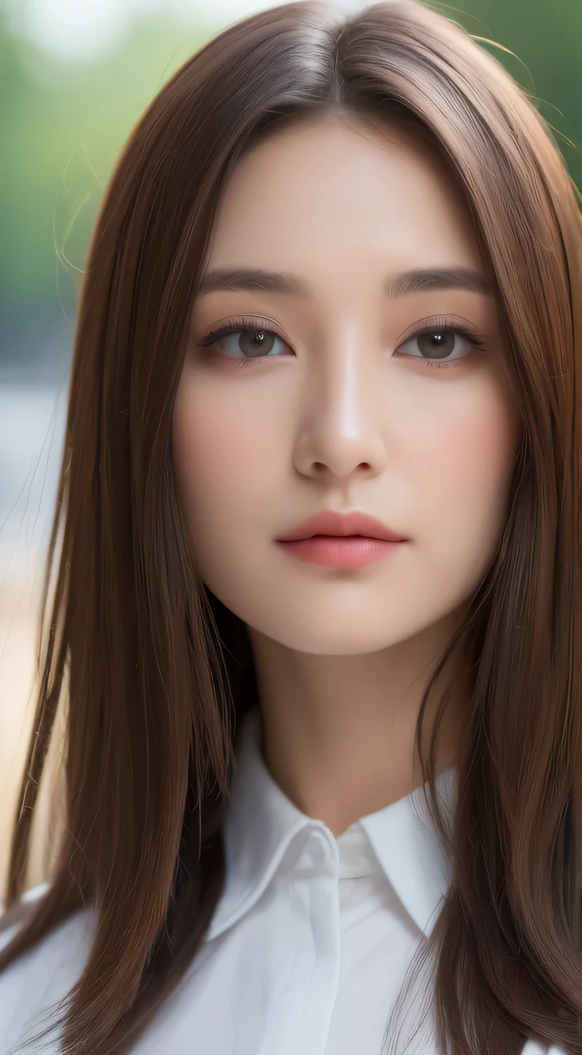 ((best quality, 8k, Masterpiece :1.3)), Sharp focus :1.2, Beautiful woman with a perfect figure :1.4, Slender stomach :1.2, ((dark brown hair, big breasts :1.2)), (Long white button-up shirt :1.1), city road:1.2, Highly detailed facial and skin textures, Detailed eyes, Double eyelids