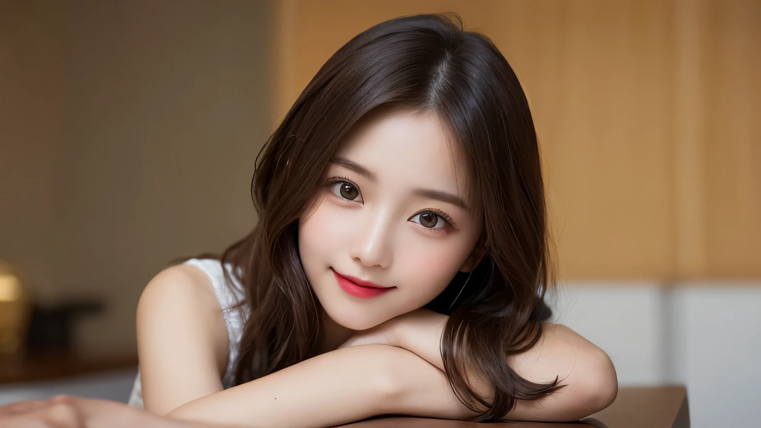 On the table, best quality, shape, Ultra Detailed, Finely, high resolution, 8k wallpaper, 完璧なダイナミックな構shape, Beautiful and delicate eyes, Medium Length Hair, Small Breasts, Natural lipstick, Casual sexy pose,Smile,20 year old girl、midnight、Beautiful and detailed face、Perfect beautiful face,big eyes、original photo、Expressing female posture using the whole body、Beautiful and delicate eyes、Small face、Beautiful duplex、Facelift and style,skirt、Beautiful golden ratio face,Long hair