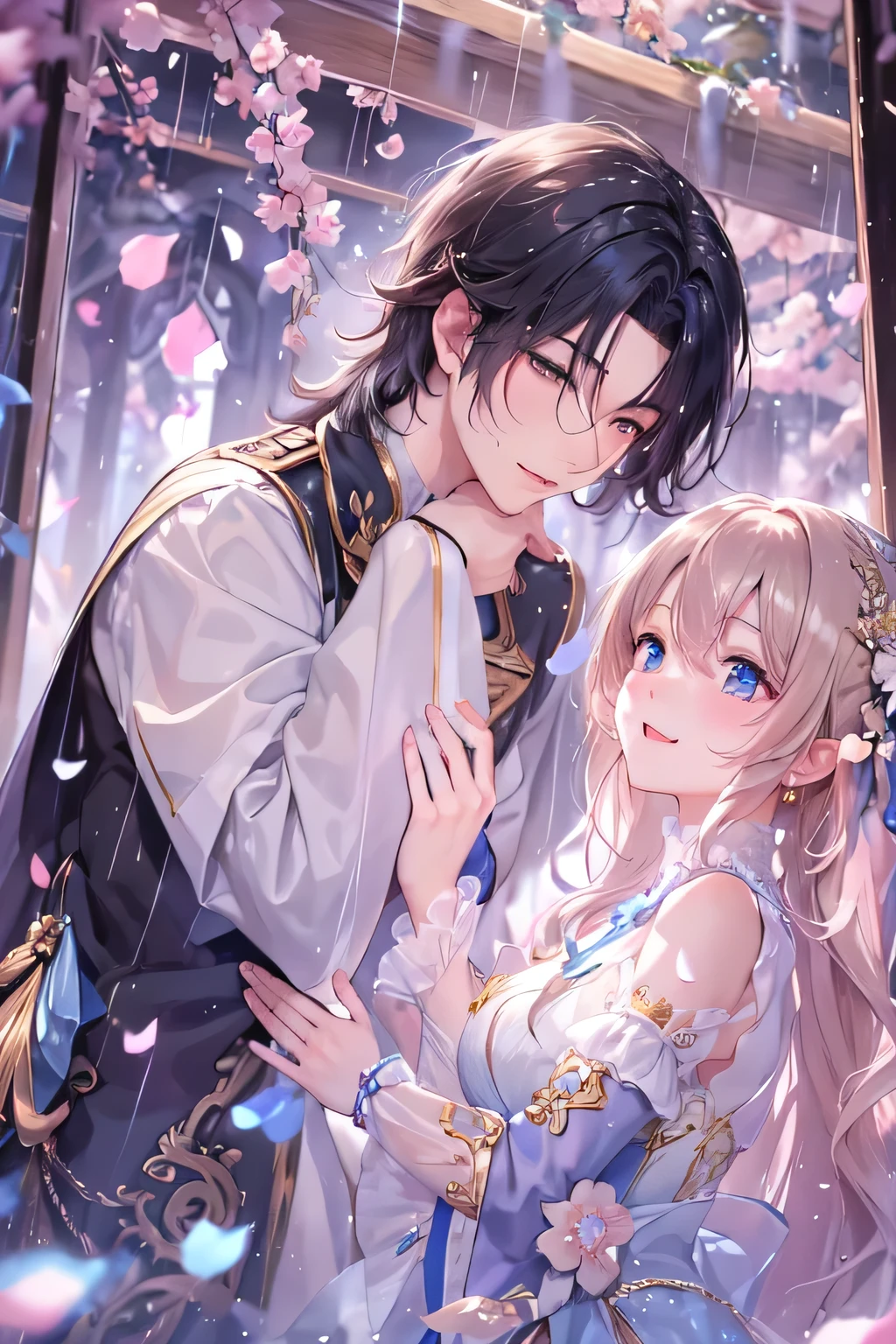 (1.5 SD male and womale, A romantic and sweet encounter, Height difference, light hair color and dark hair color, kiss, rain, garden, Sharp details, high quality),
2 people, One male and one female, with a Height difference, Come join me for a tender and romantic momalet. male&#39;Hair color is light, woman&#39;Medium chest,Hair is black. They find themselves under the gentle patter of rain, Water droplets glitter on your face. Her lips meet his in a passionate kiss, Their faces were filled with love and longing.... The view is blue々Surrounded by the beauty of the garden, Wet ground in the background、The petals are clearly visible