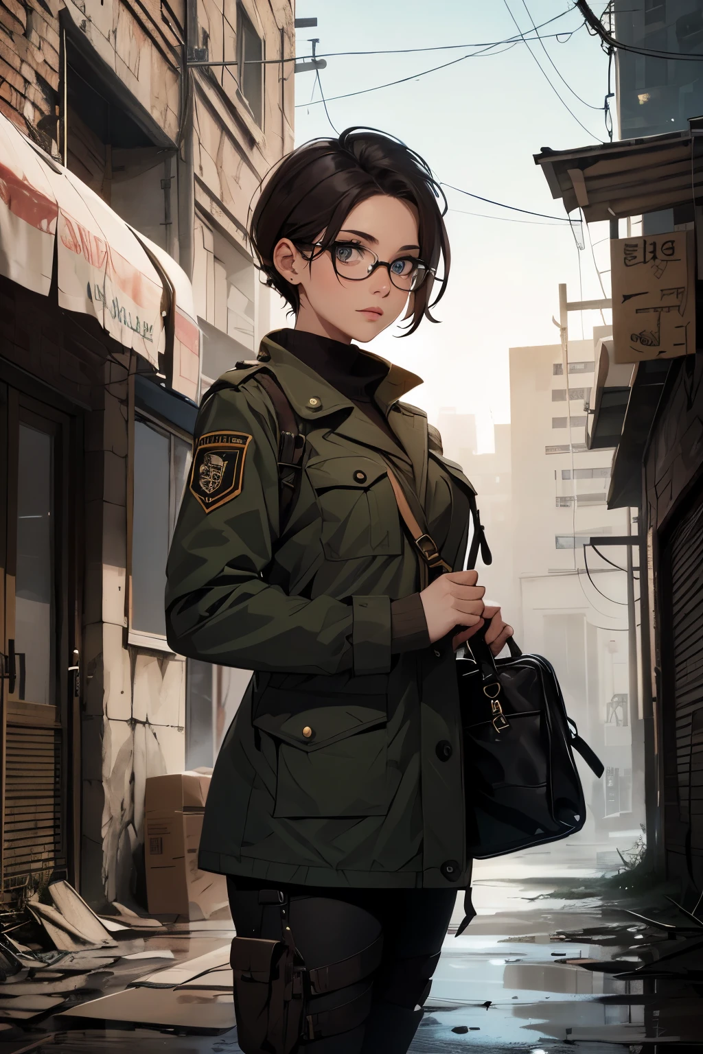 a pretty girl messenger, wearing large glasses, undercut hair, wearing postal uniform, in a post-apocalyptic world