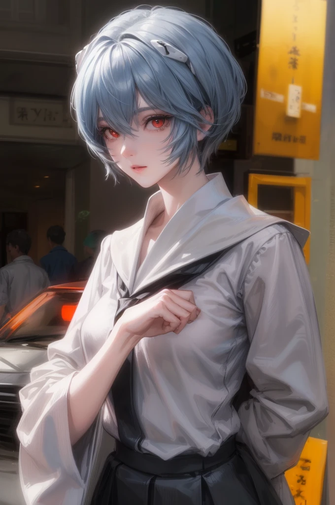 1 GIRL, reiayanami, rei ayanami, blue hair, short hair, (red eyes:1.5), ultra realistic, REALISTIC, Ultra detailed, More detailed, Japan city scenaries. Random scenaries japan, Casual Outfit, BREAK outdoors, city, BREAK looking at viewer, BREAK (masterpiece:1.2), best quality, high resolution, unity 8k wallpaper, Light particles passing through the photo, (illustration:0.8), (beautiful detailed eyes:1.6), extremely detailed face, perfect lighting, extremely detailed CG, (perfect hands, perfect anatomy),